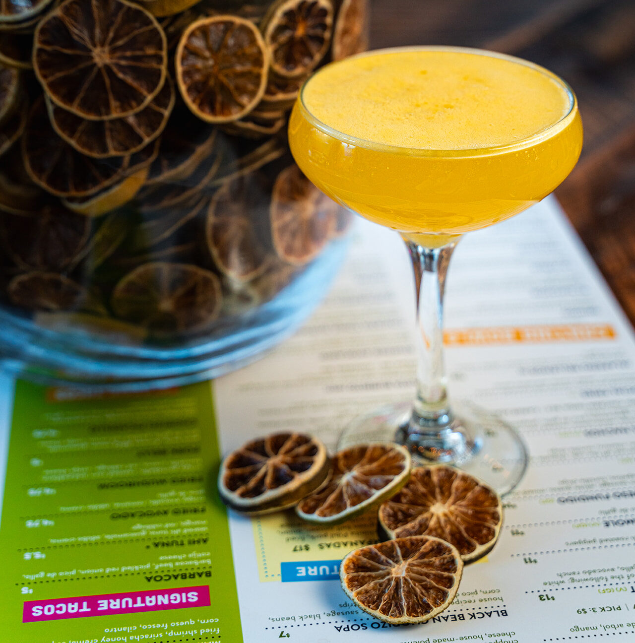 Passion fruit cocktail served up in a coupe glass at Social Cantina