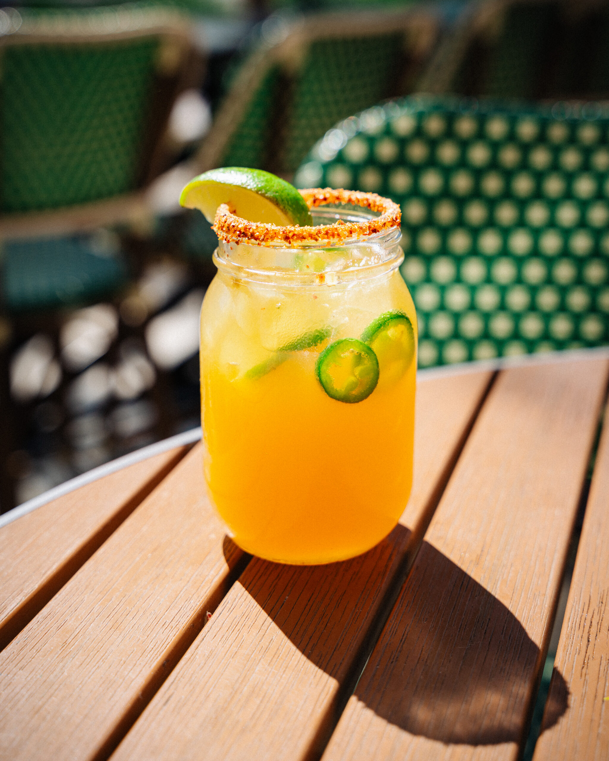 Mango jalapeno margarita with a chili-salt rim on the patio at Social Cantina in Germantown, Nashville
